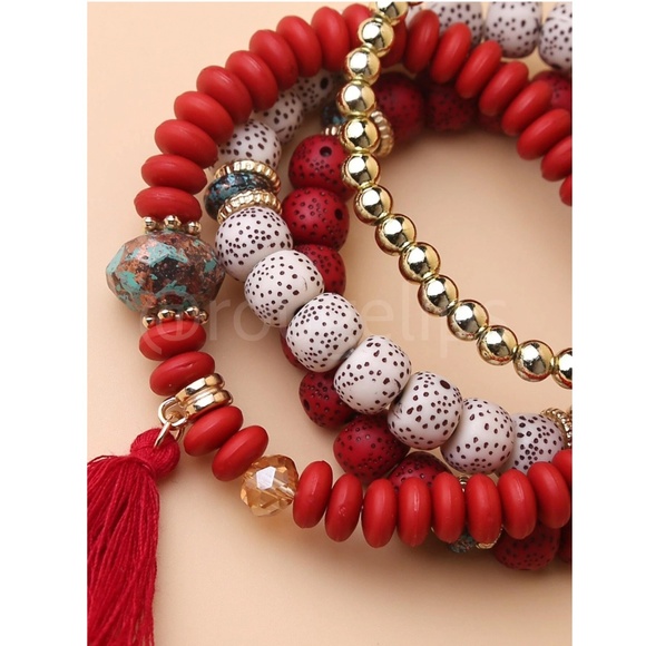 4 Pcs Multicolor Beaded Bracelet Tassel Charm Elastic Red, Gold, Cream - Picture 3 of 5